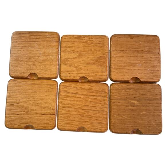 Set Of 6 Wooden Coasters With Cork Insert Matching Holder Vintage 80s Golden Oak - Picture 4 of 12